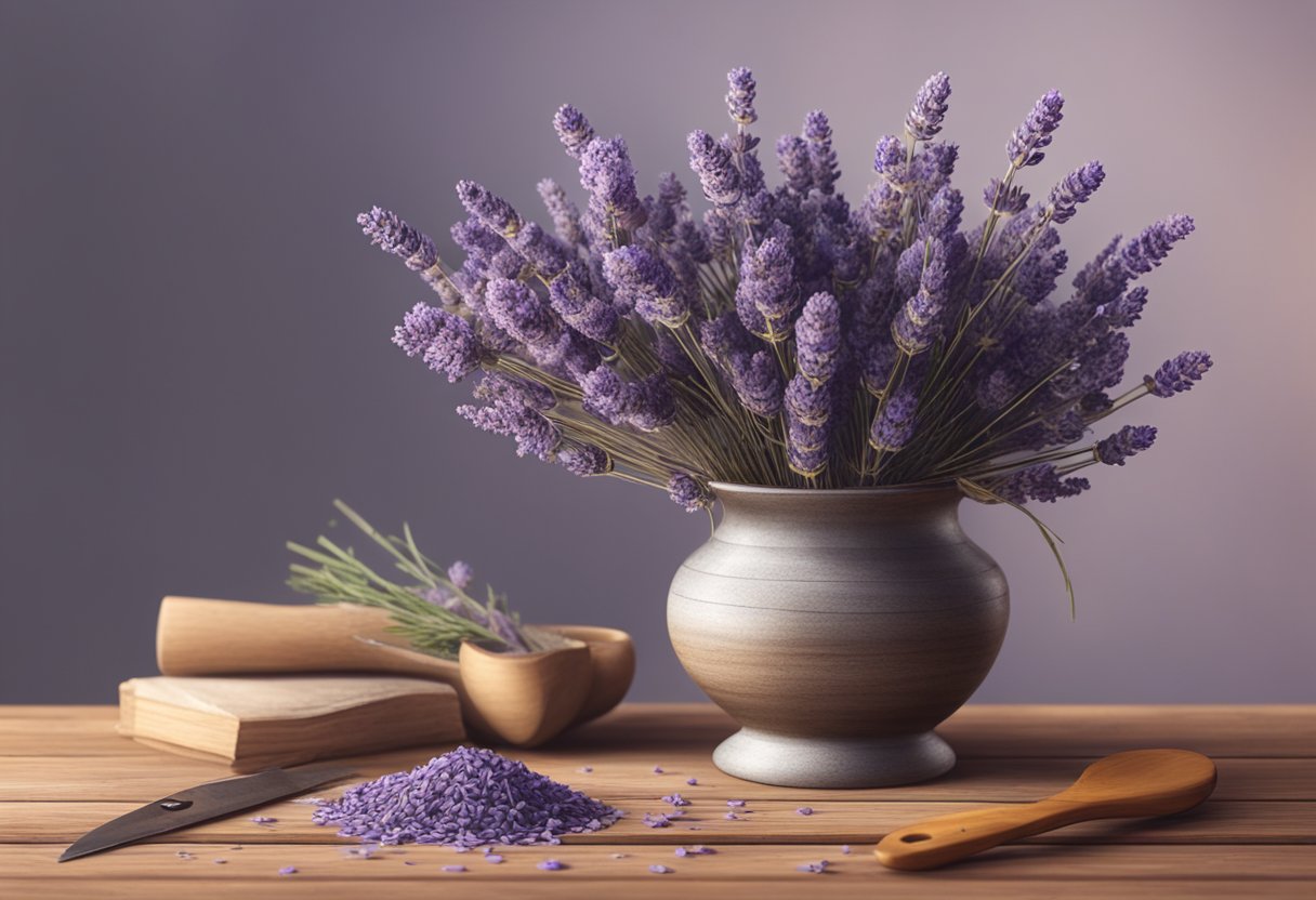 Dried lavender arranged in a rustic vase on a wooden table, with a pair of scissors nearby and a few loose stems scattered around