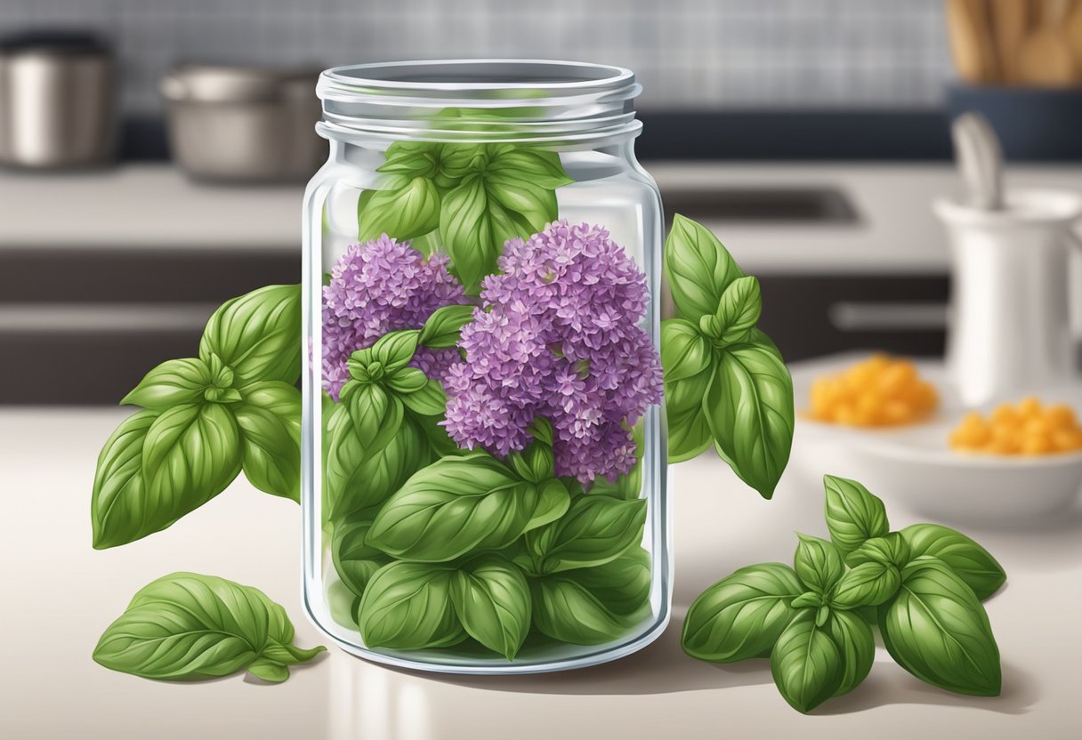 Basil flowers sit in a small glass jar on a kitchen counter, ready to be plucked and used in cooking or for garnishing dishes