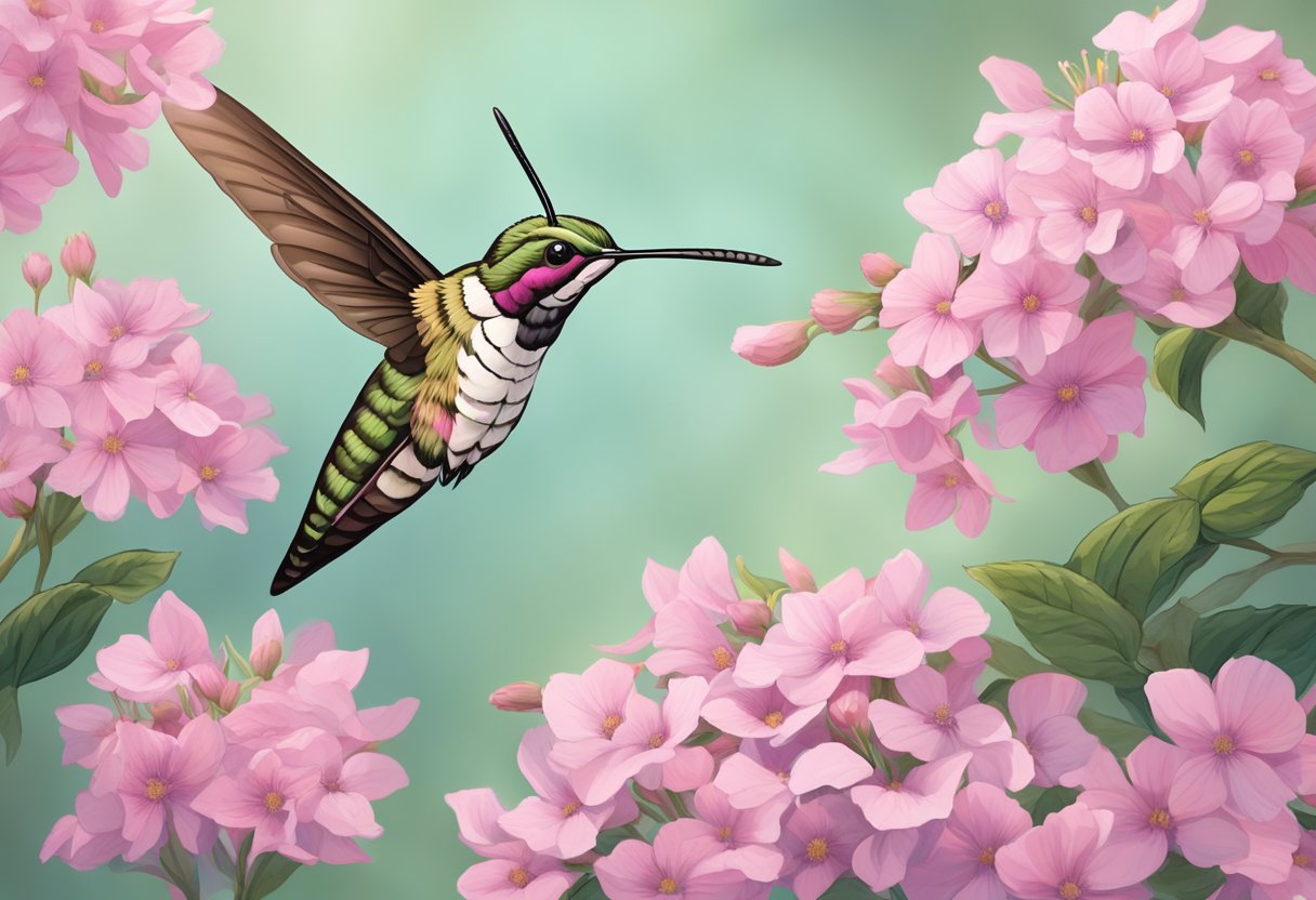 A hummingbird moth hovers near a cluster of pink flowers, its wings beating rapidly as it sips nectar