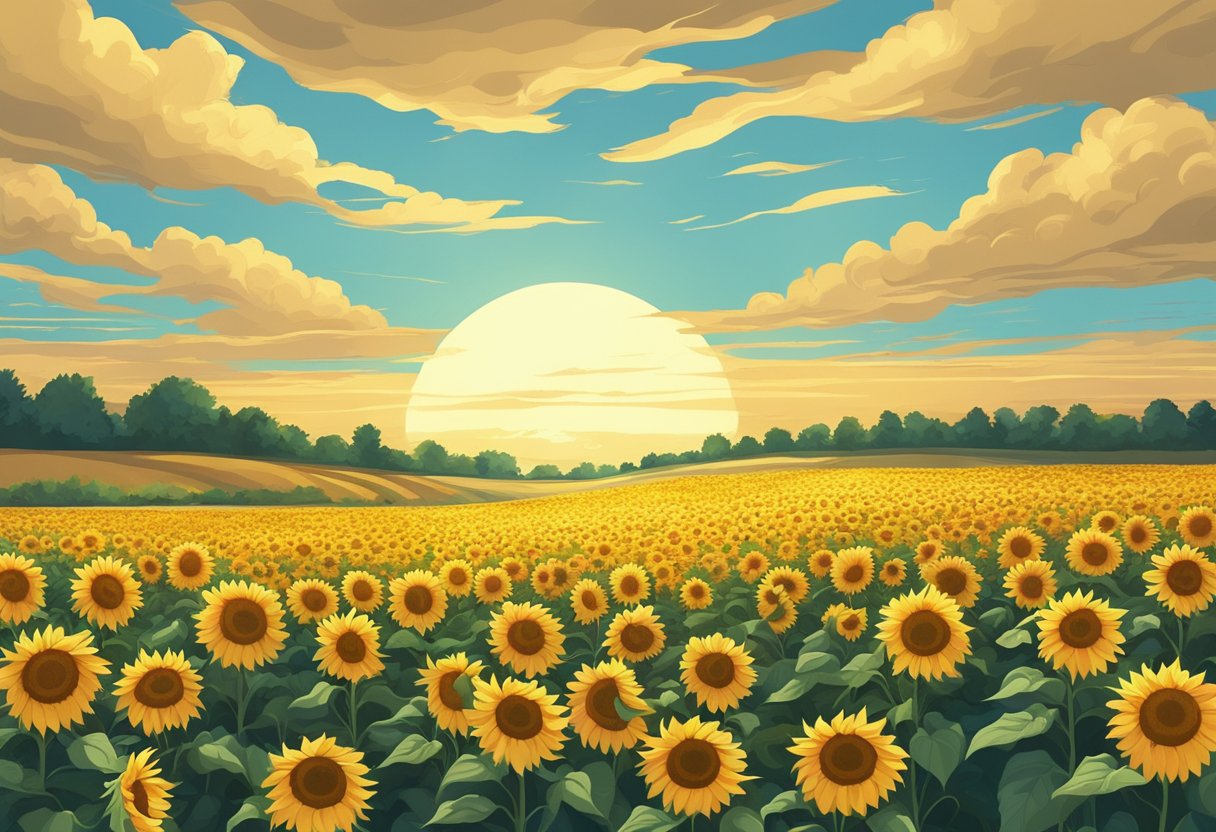 A field of sunflowers stretching towards the horizon under the bright Kansas sun