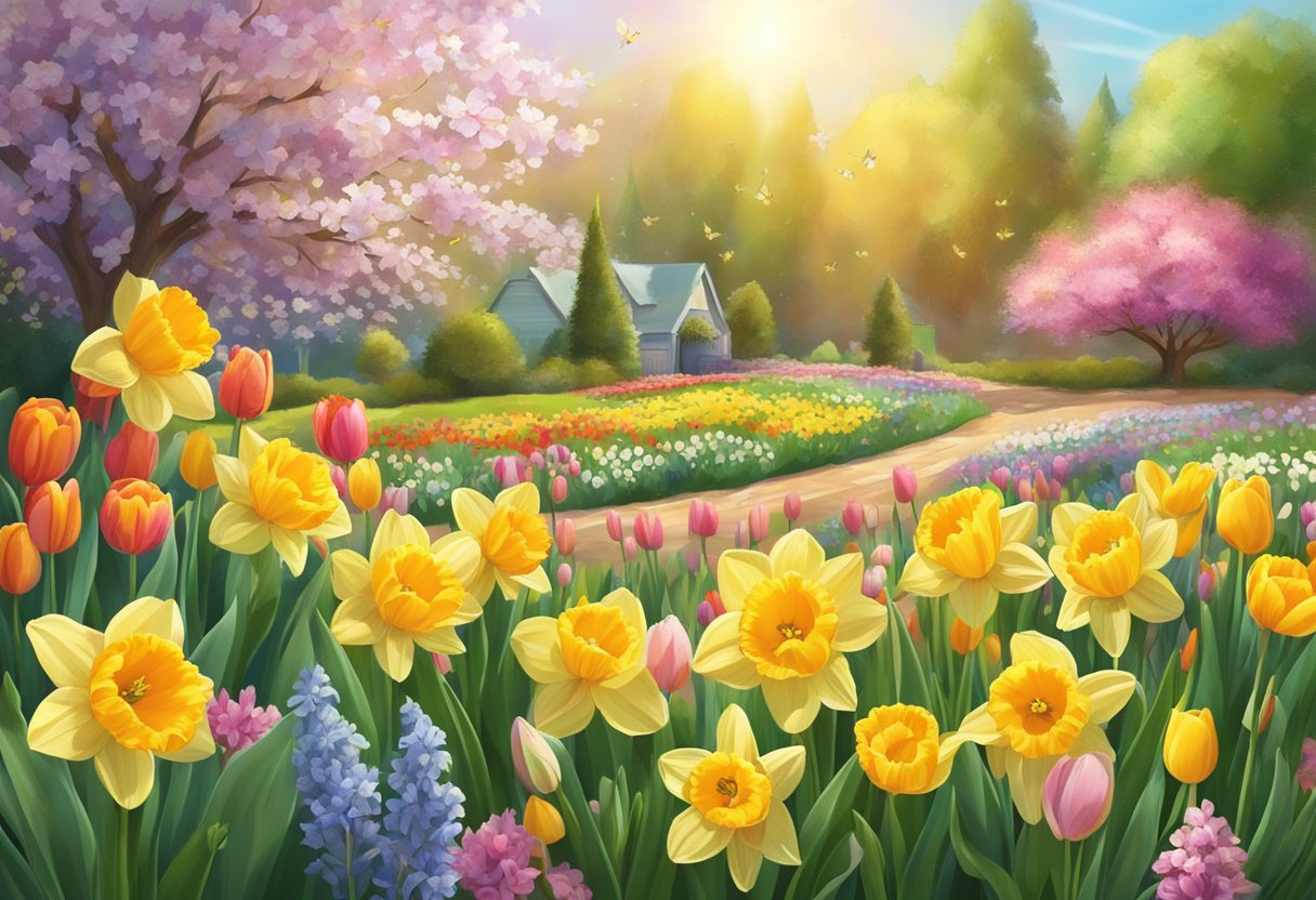 In April, daffodils and tulips bloom in a vibrant garden. Bees buzz around the colorful flowers, and the sun shines brightly overhead