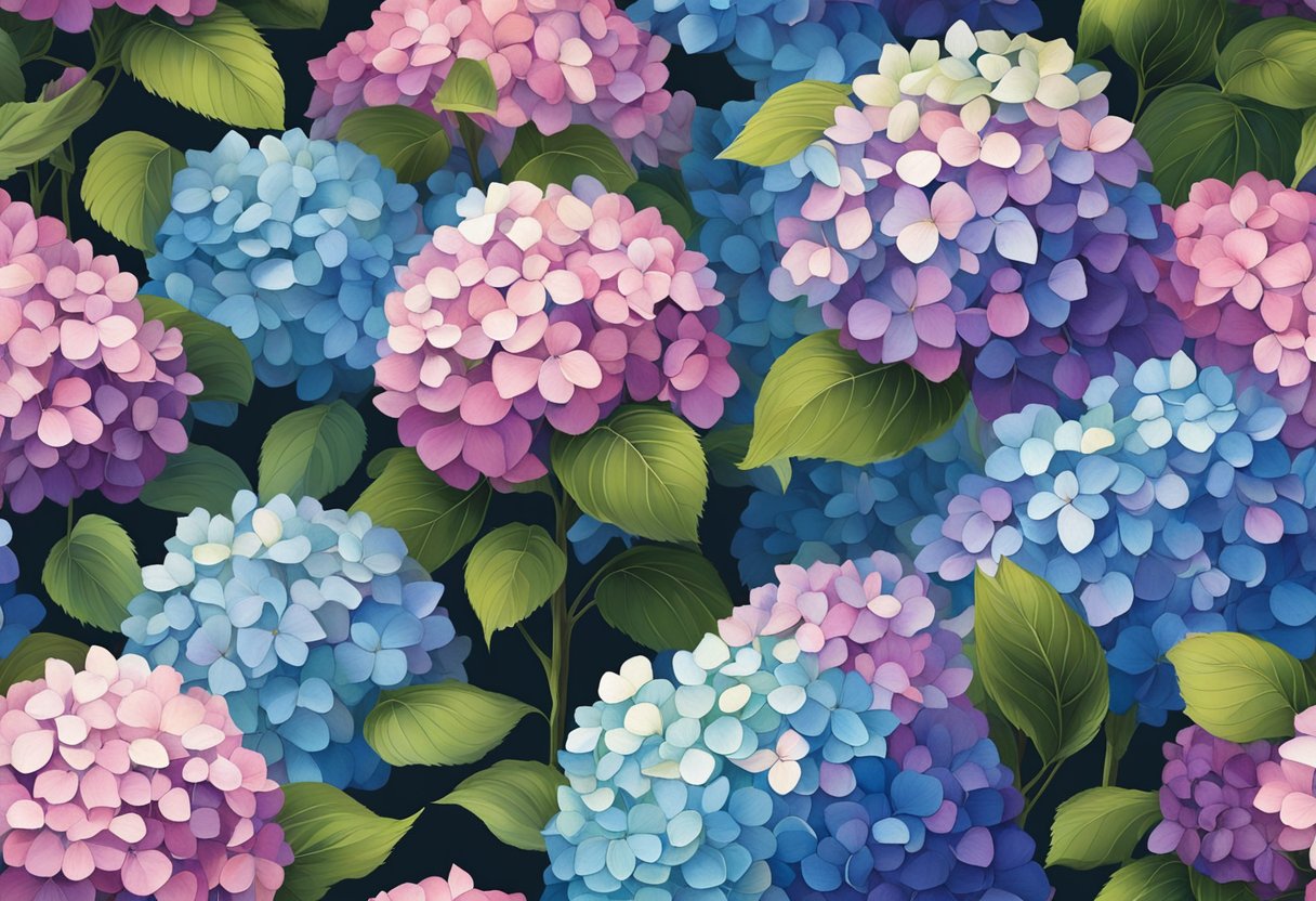 A cluster of hydrangeas in varying shades of blue, pink, and purple, with large, lush blooms and green, leafy stems