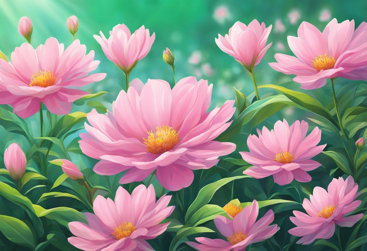 Pink flowers bloom in a garden, their delicate petals reaching towards the sun. The vibrant color stands out against the green foliage, creating a beautiful and peaceful scene