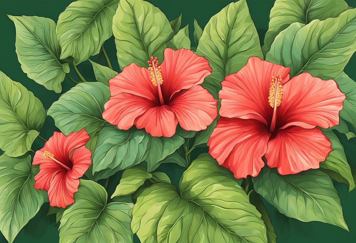 Vibrant red hibiscus flowers contrast against lush green leaves