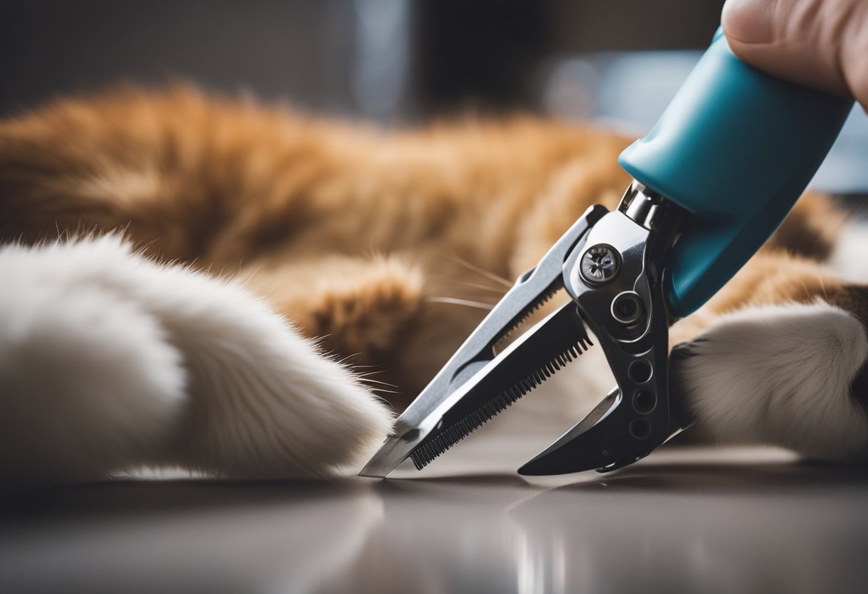 Trimming cat's paws with clippers on a soft surface