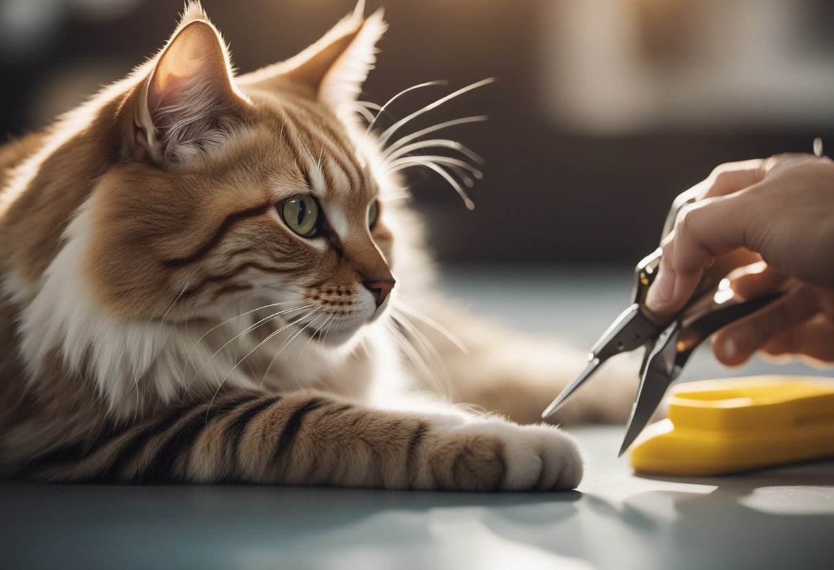 A cat sits on a flat surface, its paws exposed. A pair of small scissors and a nail clipper lie nearby. The cat appears calm and relaxed, ready for its owner to trim its nails