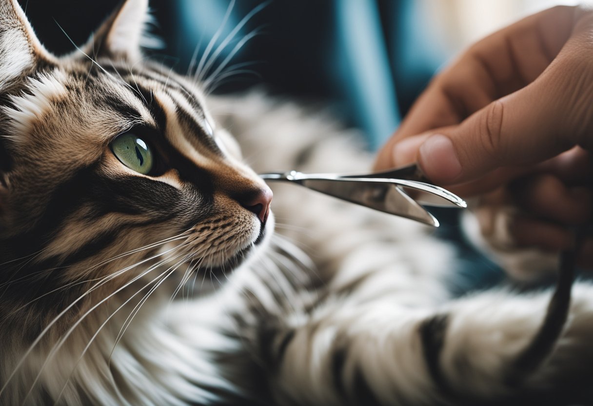 A pair of scissors carefully trims the fur around a cat's paws