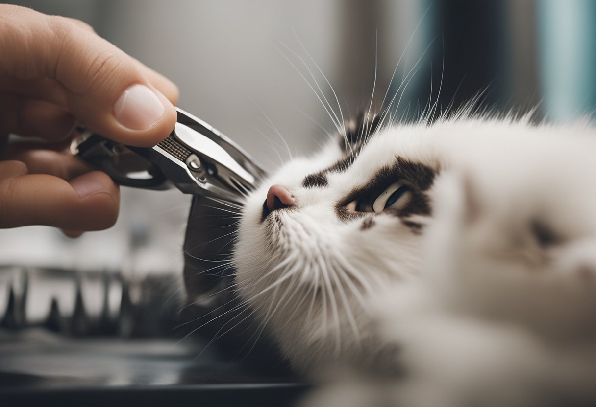 A cat's paw being gently trimmed with a pair of clippers