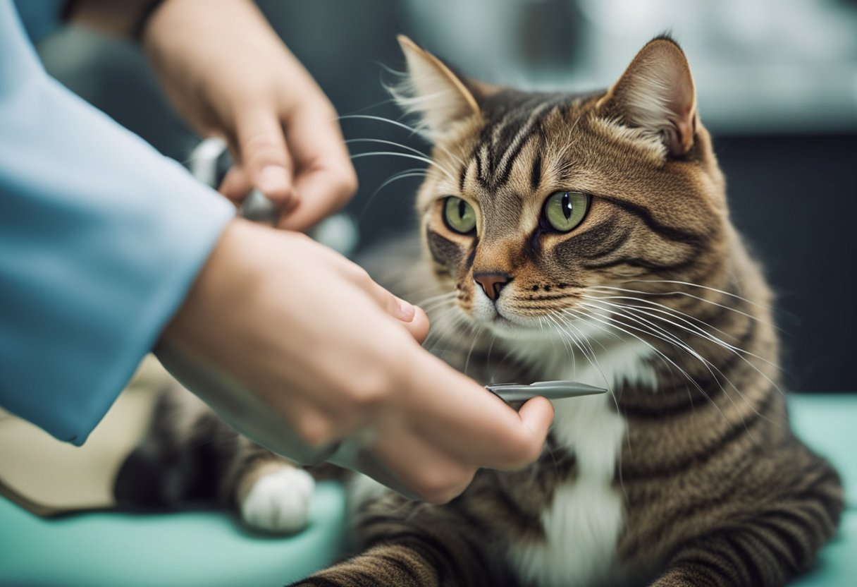 A veterinarian gently trims a cat's overgrown claws, carefully addressing complications