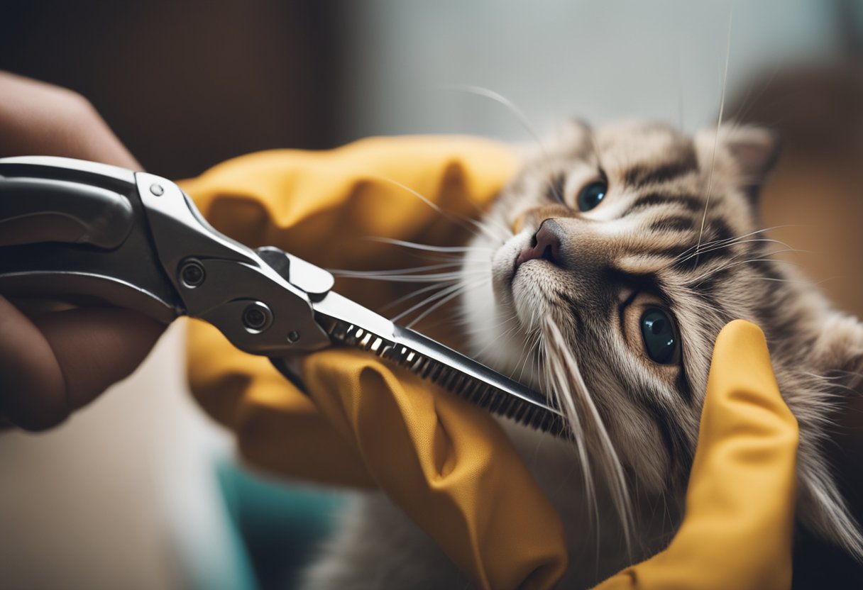 A cat's paw is being gently held as a pair of clippers trims the sharp tips of its claws