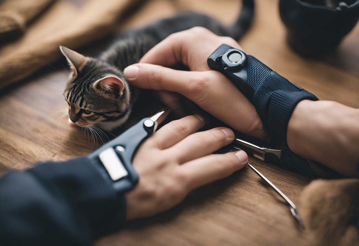 A pair of hands trimming a cat's paws with small clippers