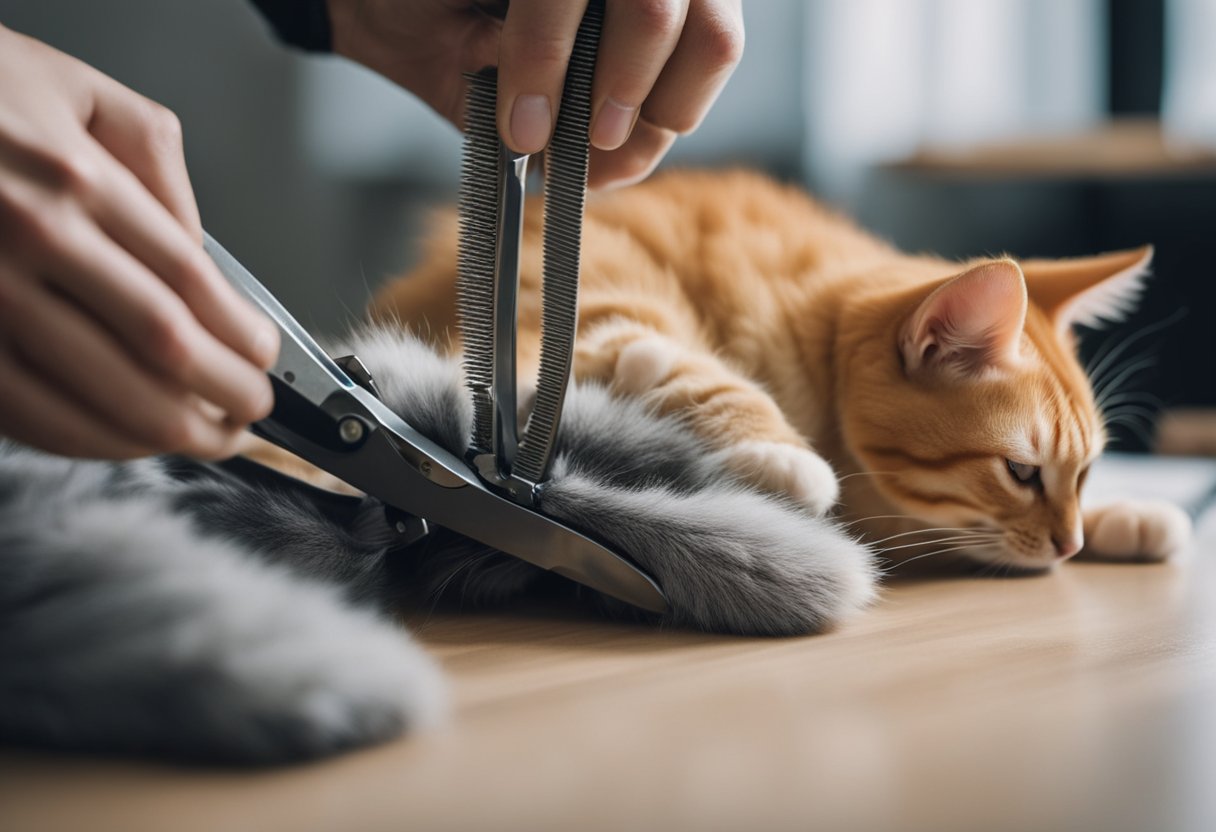 A pair of cat paws being gently trimmed with clippers