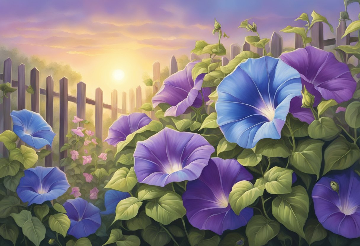 Morning glories bloom in August, covering the garden fence with vibrant purple and blue flowers. The morning sun illuminates the delicate petals, creating a beautiful and peaceful scene