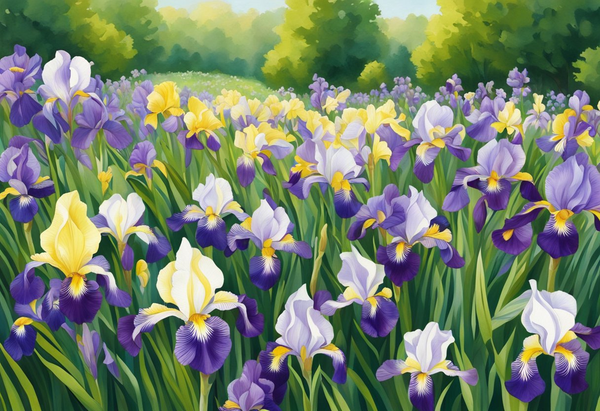A field of iris flowers in various shades of purple, white, and yellow, surrounded by lush green foliage