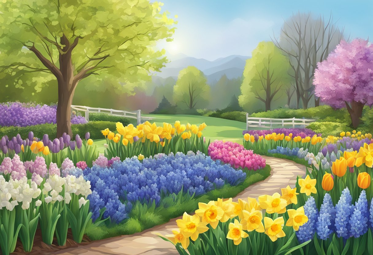 Daffodils bloom alongside tulips and hyacinths in a colorful spring garden