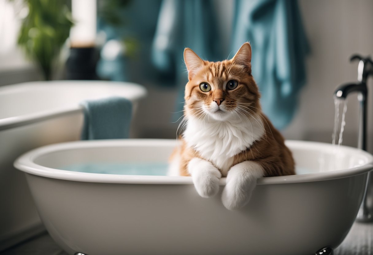 A cat sitting in a bathtub, water dripping from its fur. A towel and cat shampoo nearby. The cat looks content and relaxed