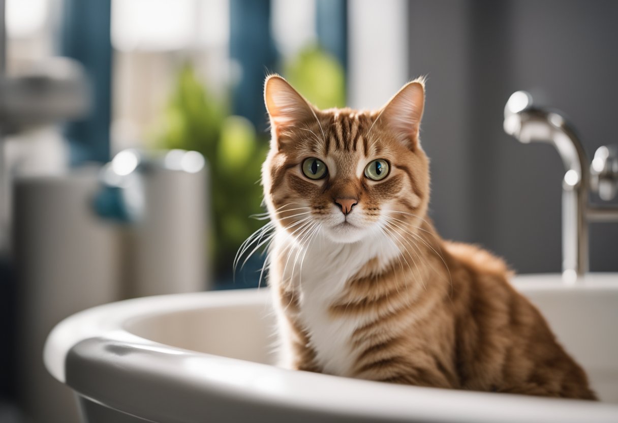 A cat sitting in a bathtub, looking unsure. Bubbles and a bottle of cat shampoo on the side. A towel draped over the edge