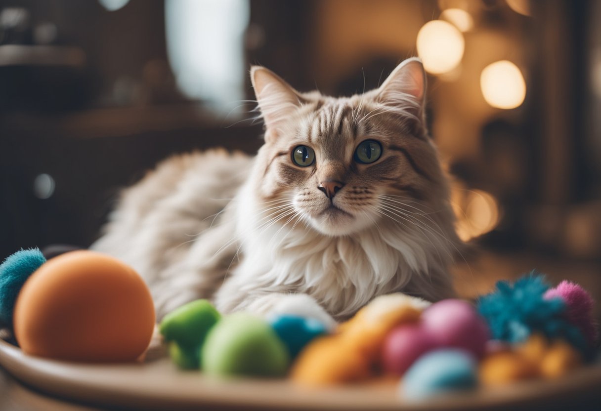 A cat grooming itself with its tongue, sitting in a cozy indoor setting surrounded by toys and a comfortable bed
