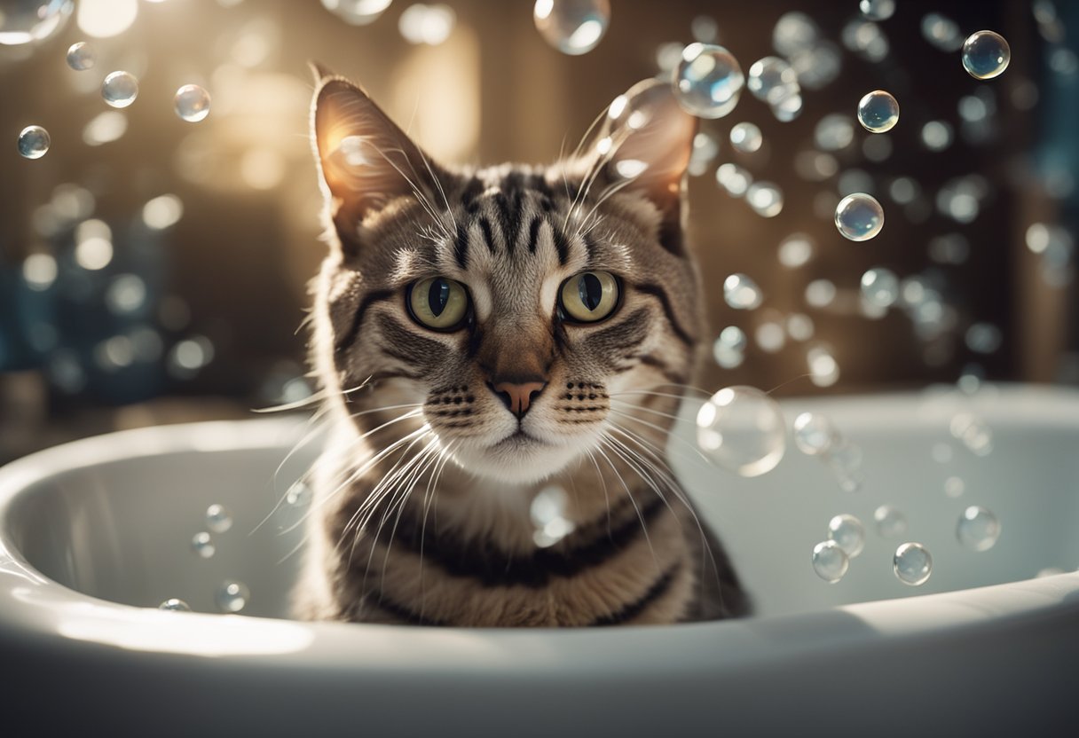 A cat sitting in a bathtub, surrounded by bubbles, with a questioning expression on its face. A clock in the background showing the passage of time