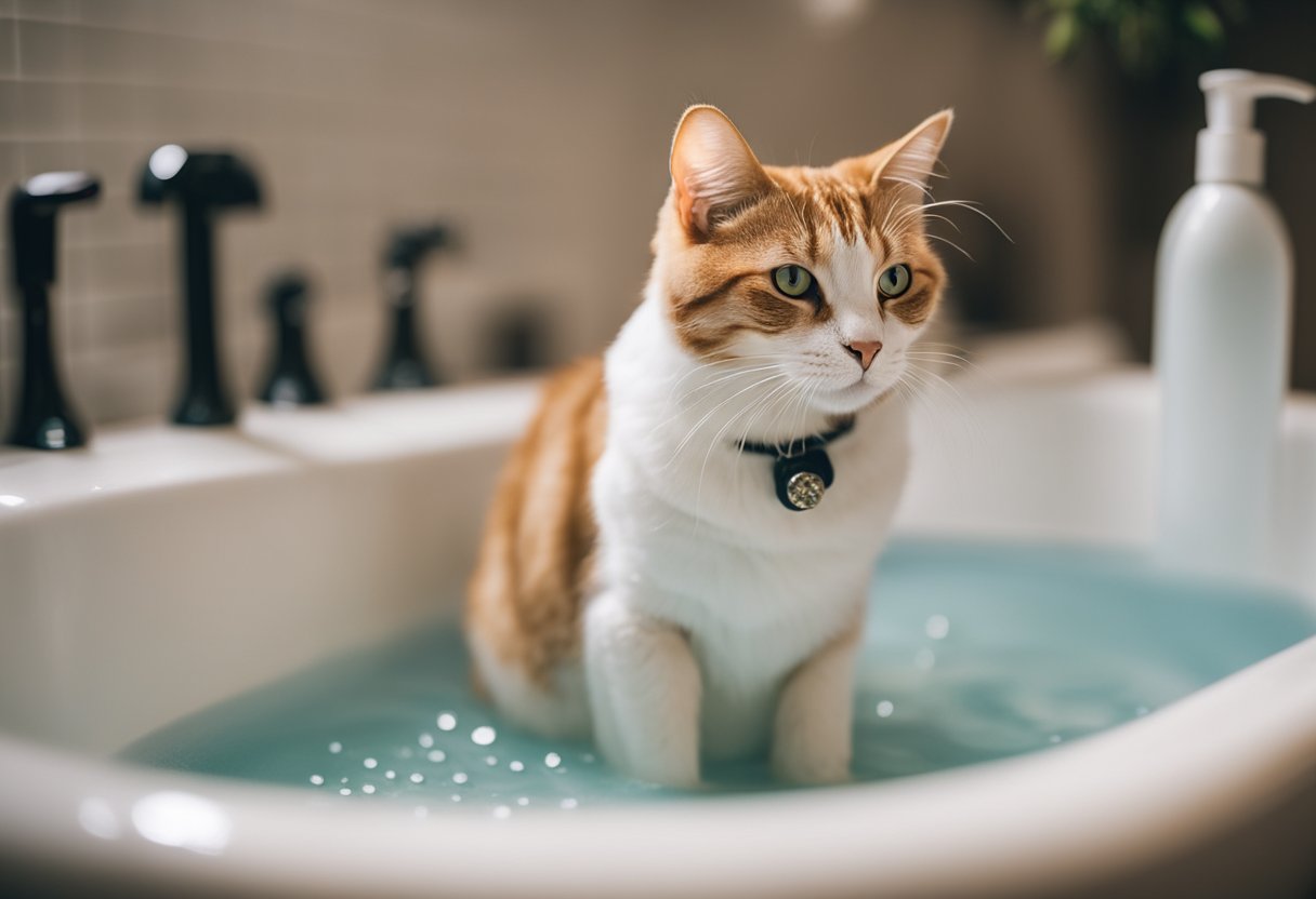 A cat lounges in a cozy bathroom, surrounded by shampoo bottles and a bathtub. It looks content and clean, with a few droplets of water on its fur