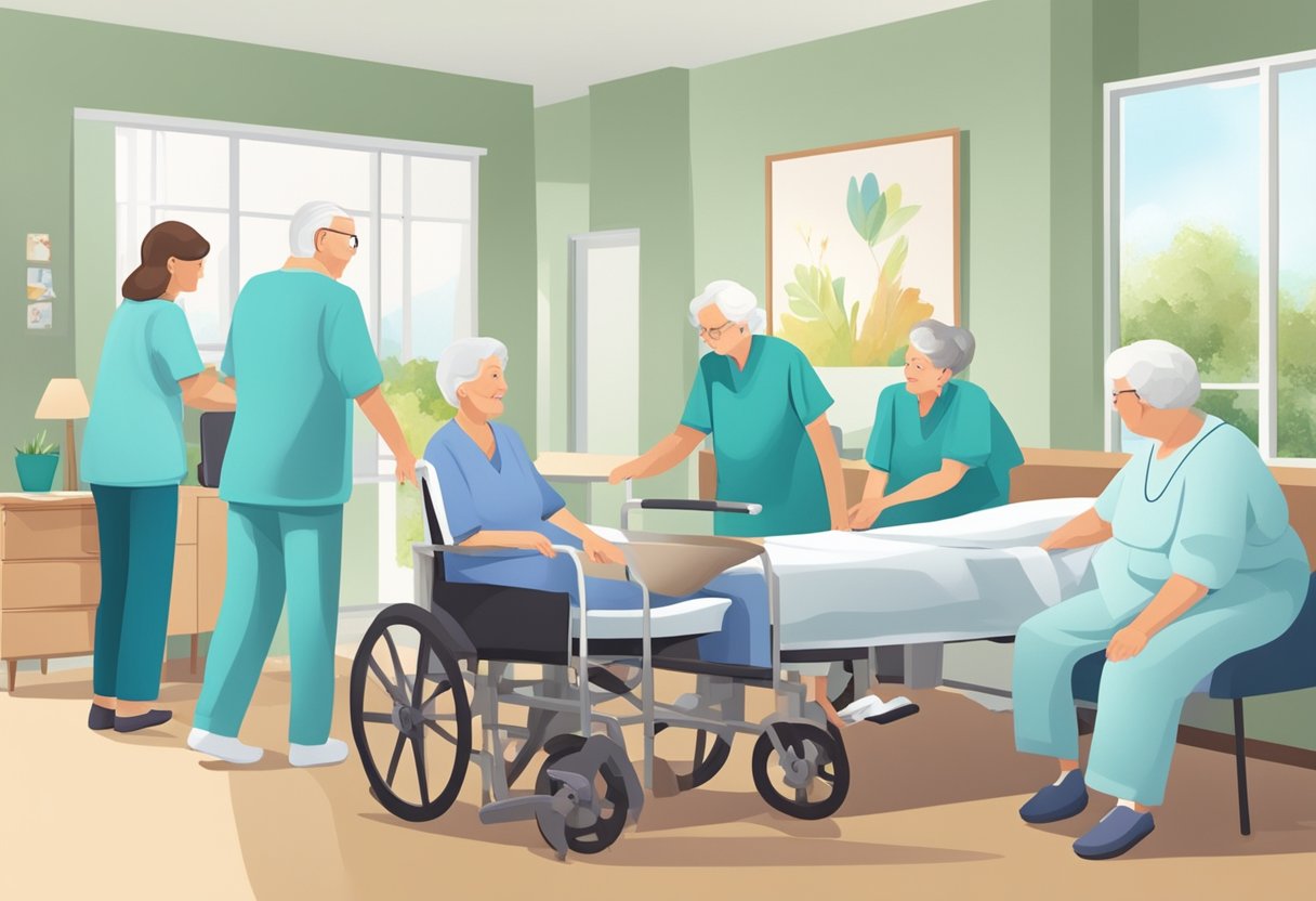 A group of elderly individuals receiving care in a hospice facility, with medical professionals providing support and assistance