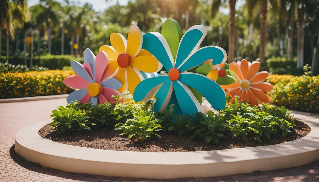 A sunny park with colorful sculptures and murals, surrounded by lush greenery and blooming flowers in Boca Raton