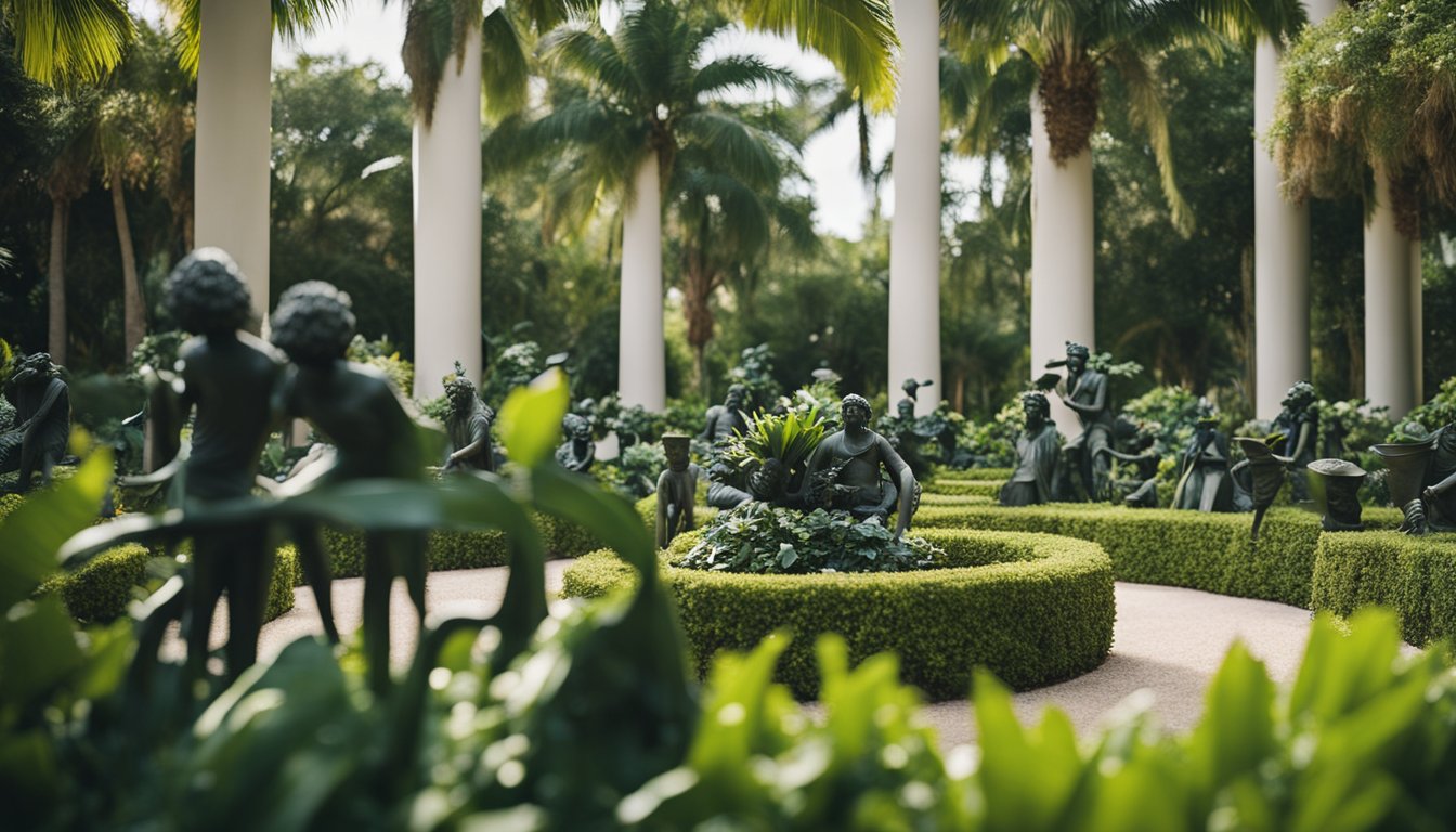 Lush gardens surround sculptures and art installations in a serene outdoor museum setting in Boca Raton