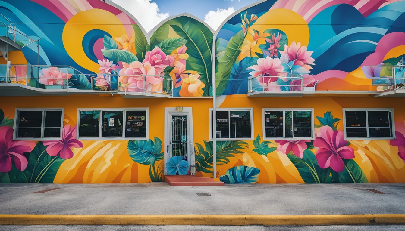 Colorful murals cover the walls of downtown Boca Raton. Vibrant street art adorns the buildings, showcasing a variety of styles and themes