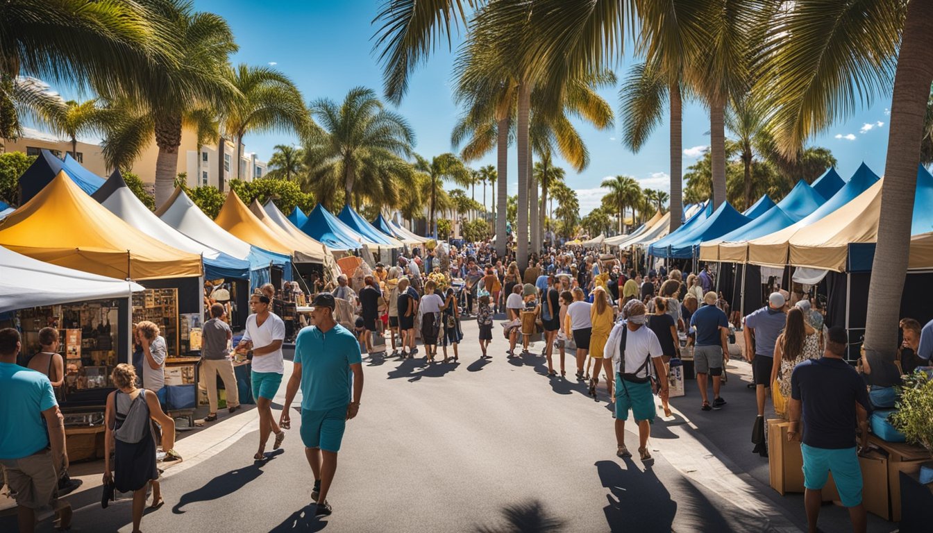 A bustling outdoor art festival in Boca Raton, with colorful tents and booths showcasing various artworks, surrounded by palm trees and a clear blue sky
