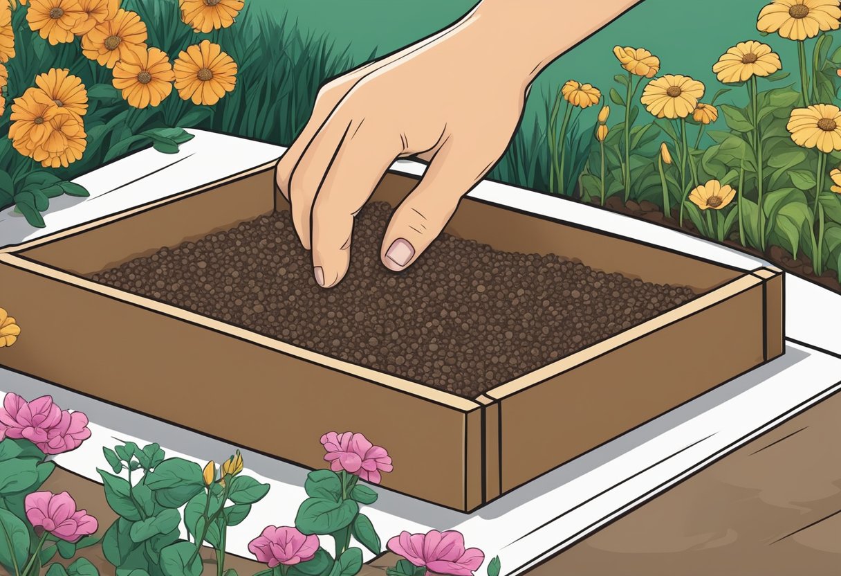 A hand reaches into a packet of mixed flower seeds, ready to plant in the rich soil of a garden bed