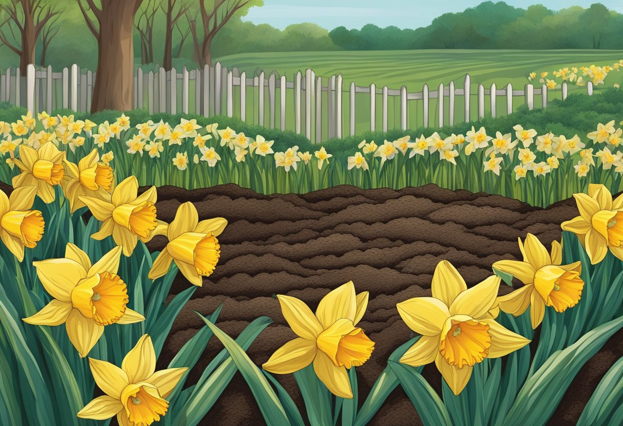 Bright daffodils peek through the soil. Planting hands gently place a layer of mulch over them, protecting and nurturing their growth