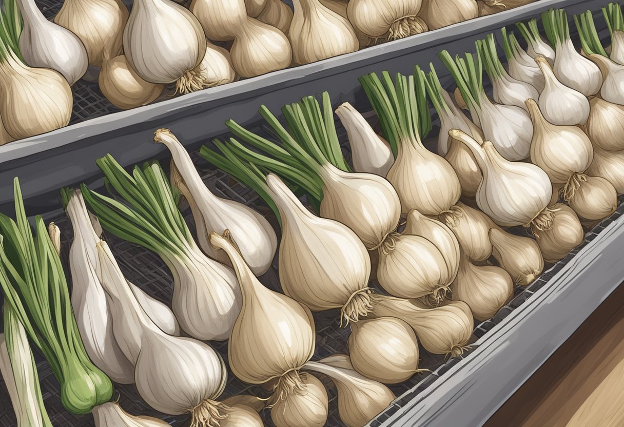 Fresh bulbs of garlic displayed in mesh bags or open bins in the produce section of a grocery store