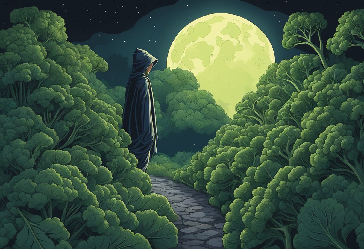 A shadowy figure nibbles on broccoli leaves under the moonlit night, leaving behind a trail of half-eaten greens
