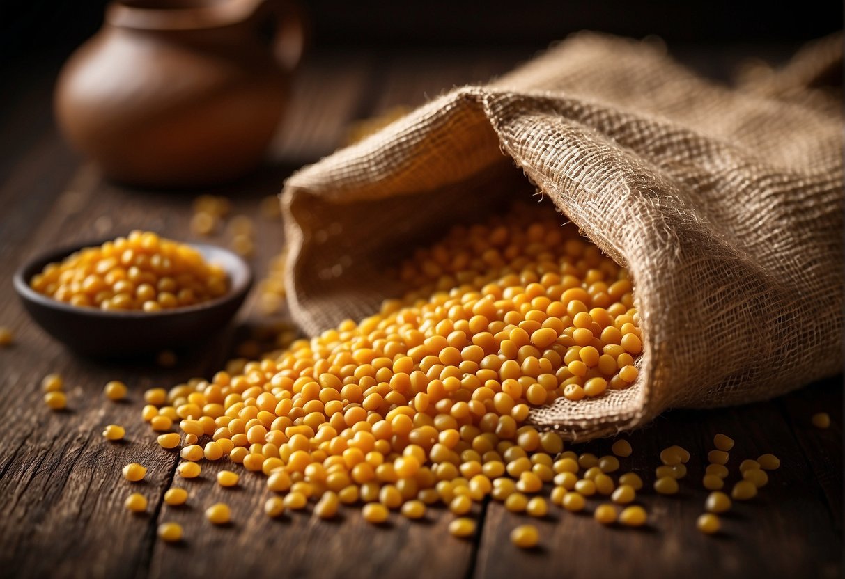A pile of yellow lentils spills from a burlap sack onto a rustic wooden table