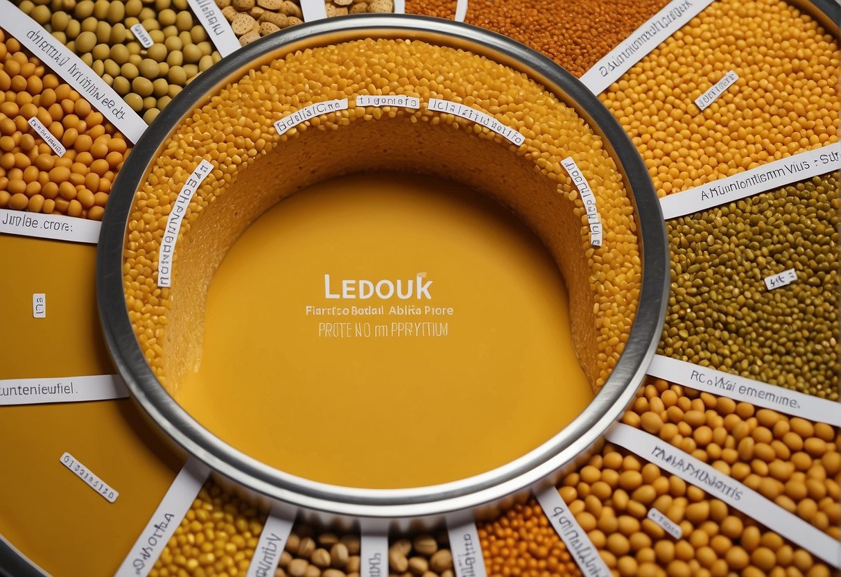 Yellow lentils arranged in a circular pattern, surrounded by labels of their nutritional profile including protein, fiber, and vitamins