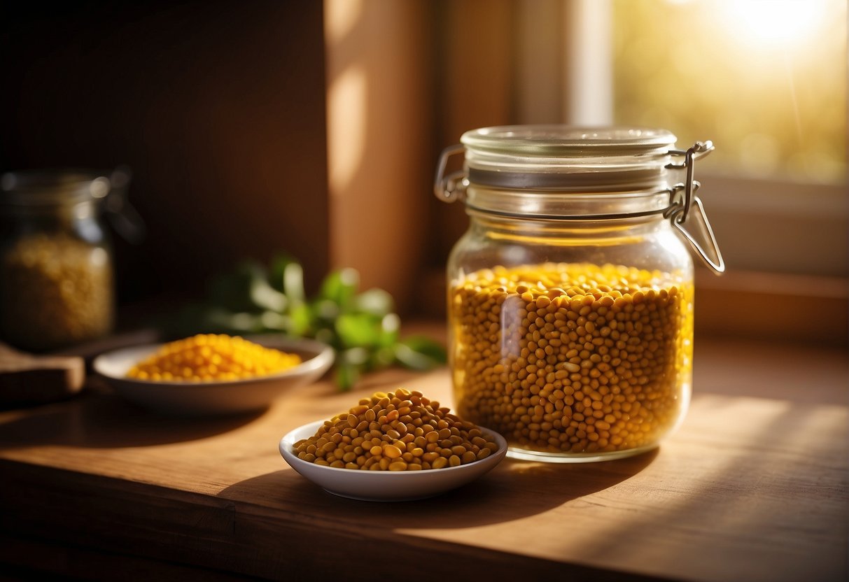 A jar of yellow lentils sits on a wooden pantry shelf, next to neatly arranged spices and grains. Sunlight filters through a nearby window, casting a warm glow on the lentils