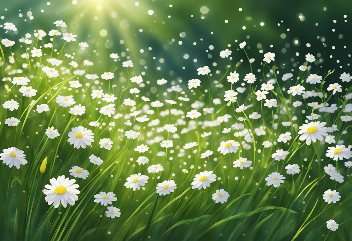 Small white flowers dot the yard, their delicate petals reaching towards the sun. The grass provides a green backdrop, and the gentle breeze causes the flowers to sway