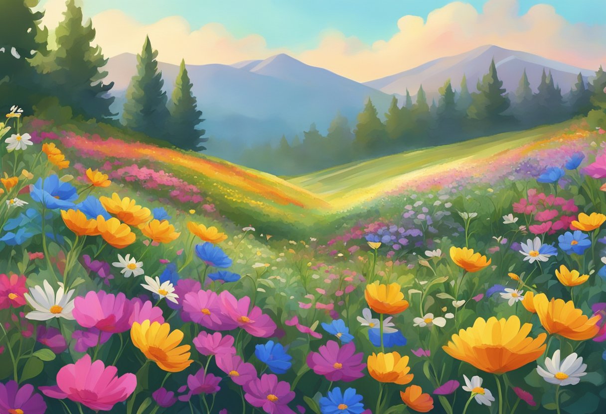 A field of vibrant wildflowers swaying in the gentle breeze, with colorful petals and lush greenery