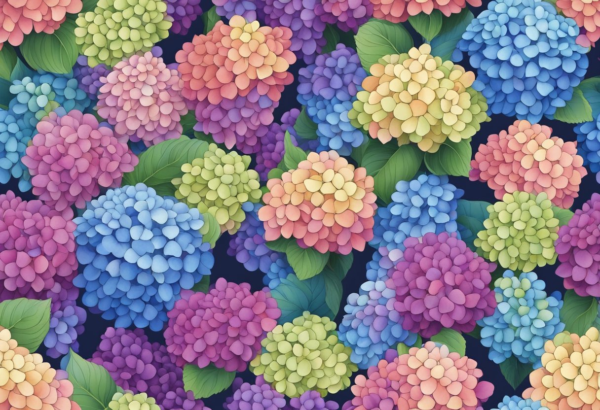 A close-up of hydrangea flowers in various colors and shapes, with focus on the unique characteristics of each type