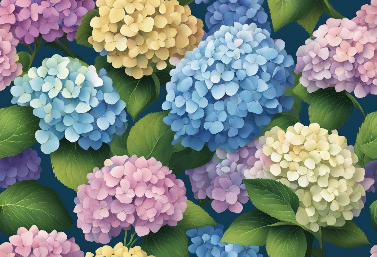 A close-up of hydrangea flowers in various colors and shapes, with a focus on the unique characteristics of each type