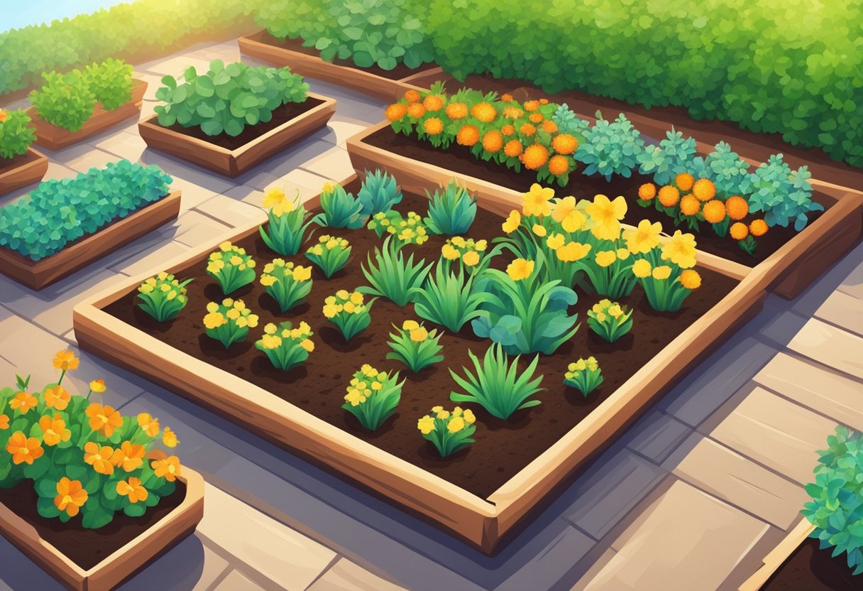 Bright sunlight shines on a garden bed, ready for planting. A variety of colorful flower seeds and young plants are arranged neatly, ready to be placed in the rich soil