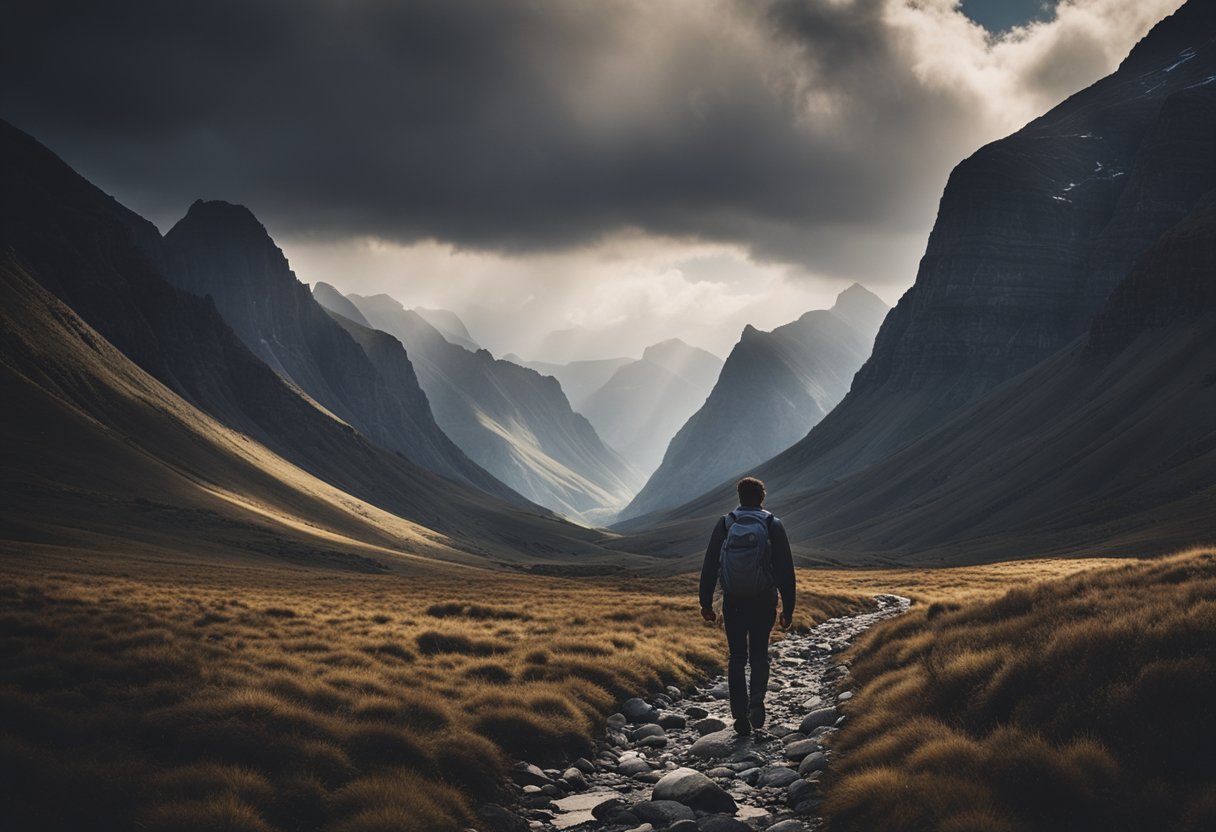 A lone figure strides through a rugged landscape, surrounded by towering mountains and a winding river. The sky is filled with dark clouds, but a sliver of sunlight breaks through, illuminating the path ahead