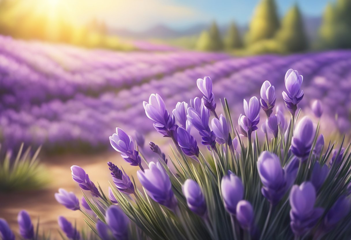 A field of lavender crocuses bloom under a bright spring sun