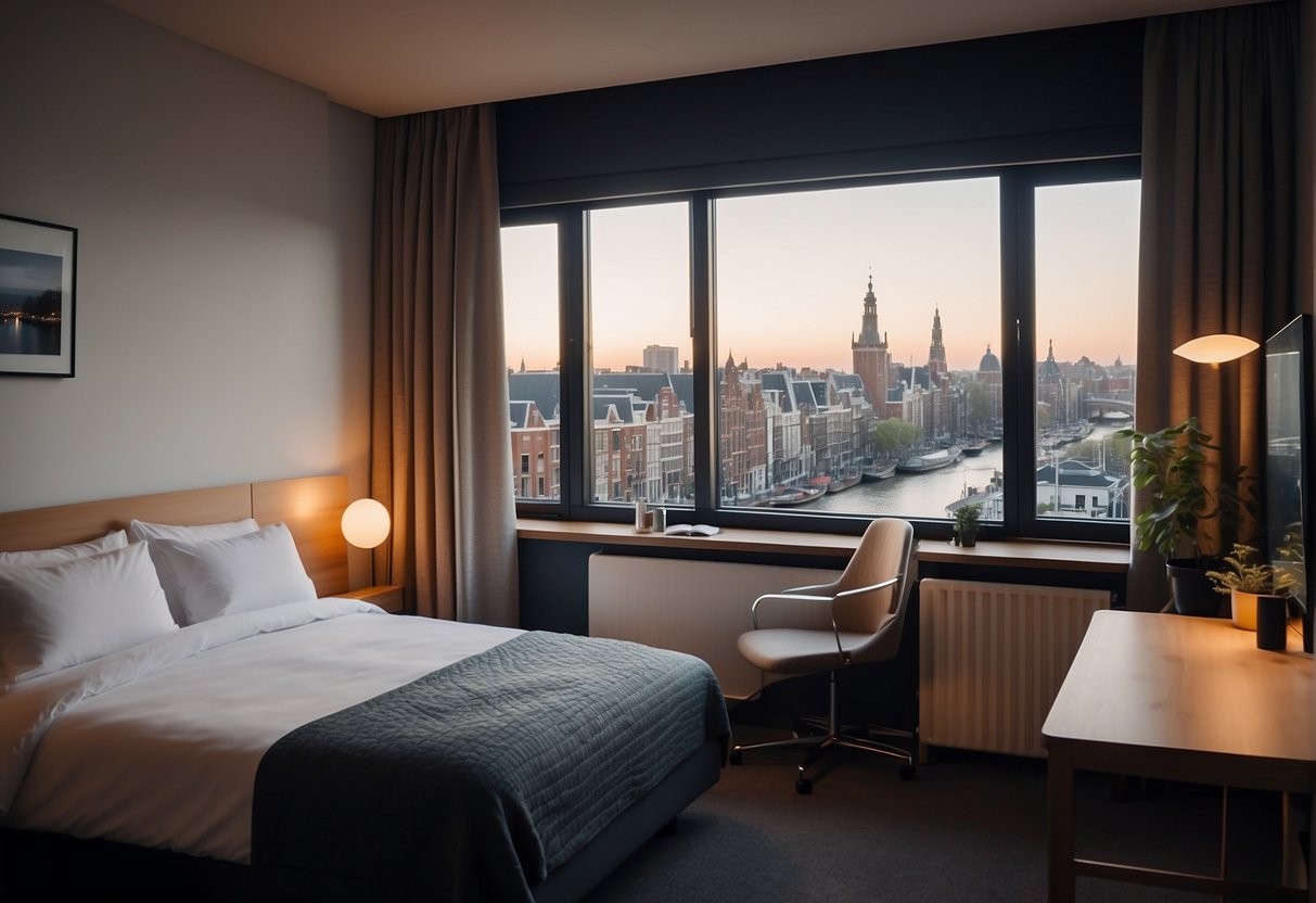 A cozy budget hotel room in Amsterdam with simple furnishings and a view of the city skyline. A small desk and chair, a comfortable bed, and a clean, modern bathroom
