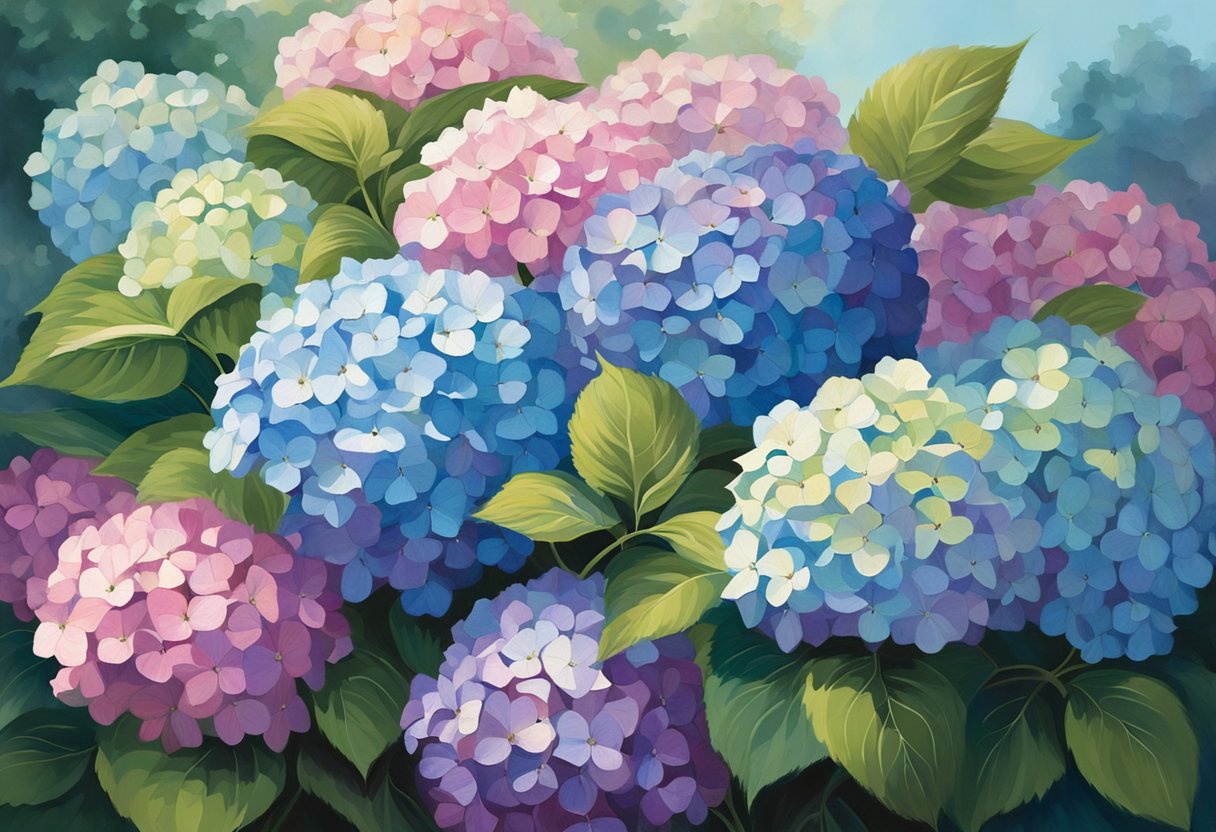 A cluster of hydrangeas in various shades of blue, pink, and purple, with large, lush blooms and green foliage, set against a backdrop of dappled sunlight filtering through the leaves