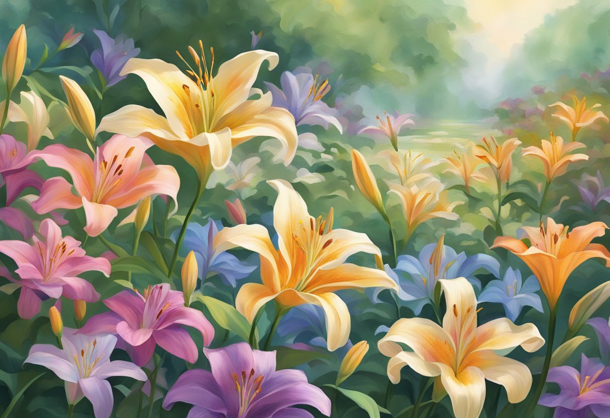 A garden filled with vibrant lilies of various colors and sizes, their delicate petals swaying in the gentle breeze