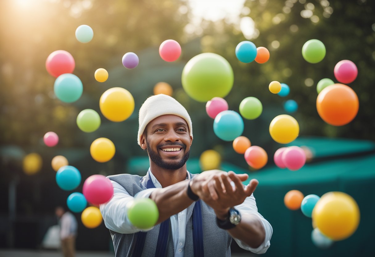 A person skillfully juggling colorful balls in the air