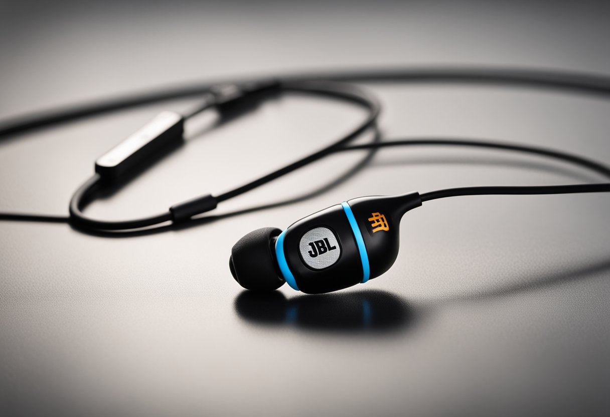 A single Bluetooth earphone, with "JBL" logo, lies on a flat surface. One side appears damaged or non-functional