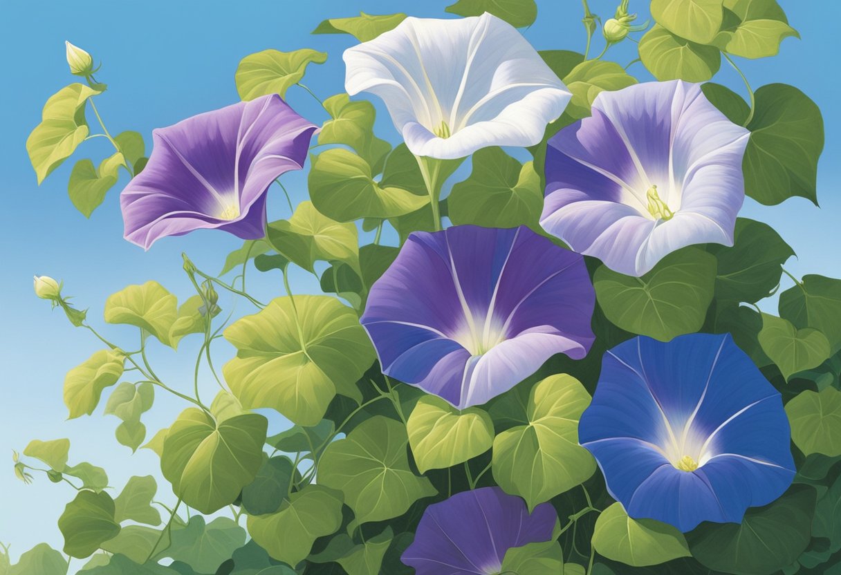 Morning glories bloom in late summer, their vibrant purple and blue flowers unfurling in the warm morning sun. The lush green vines twist and climb, creating a beautiful display against a clear blue sky