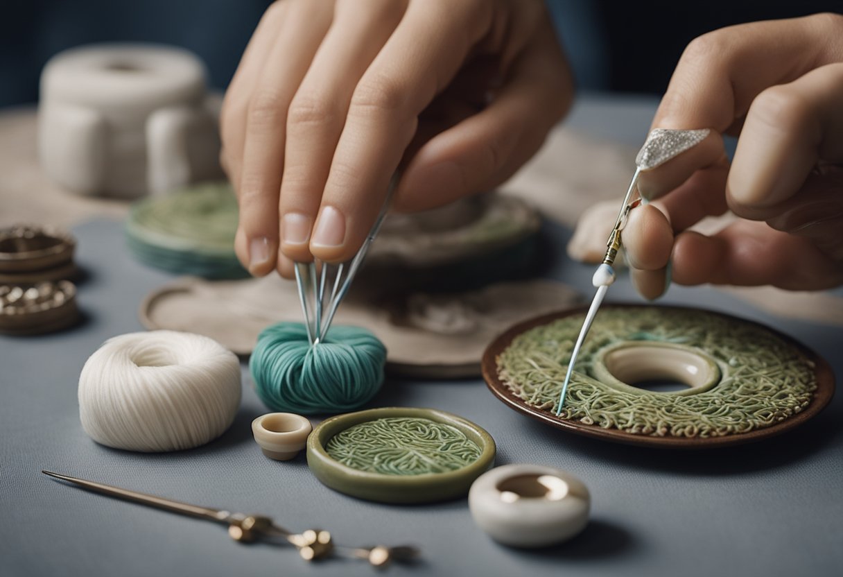A person skillfully threads a needle through fabric, while another carefully paints intricate designs on a small ceramic figurine